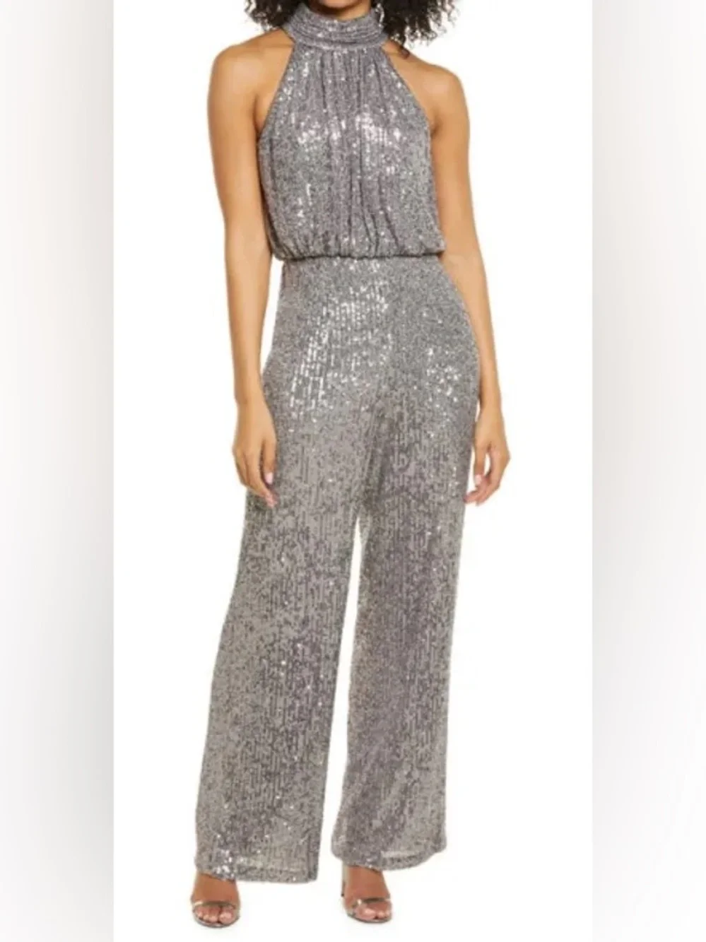 Eliza J Sequin Mock Neck Jumpsuit Size 8 Gunmetal Silver - Picture 11 of 11
